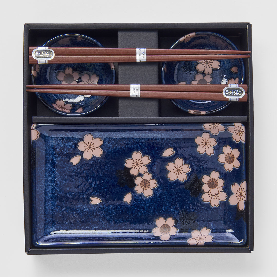 Navy and pink sakura 4 piece boxed sushi set