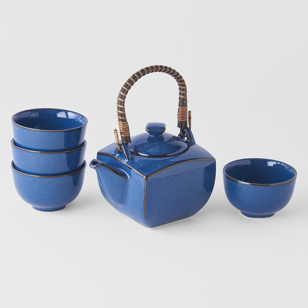 Blue teapot with 4 cups boxed tea set