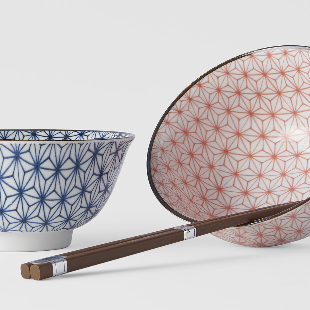 Asanoha red and blue 2 piece boxed bowl set 15cm