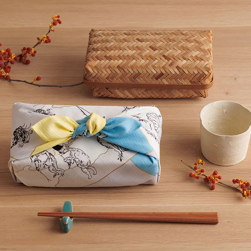 Furoshiki Organic Cotton - Scrolls of Frolicking Animals Blue Yellow 50cm