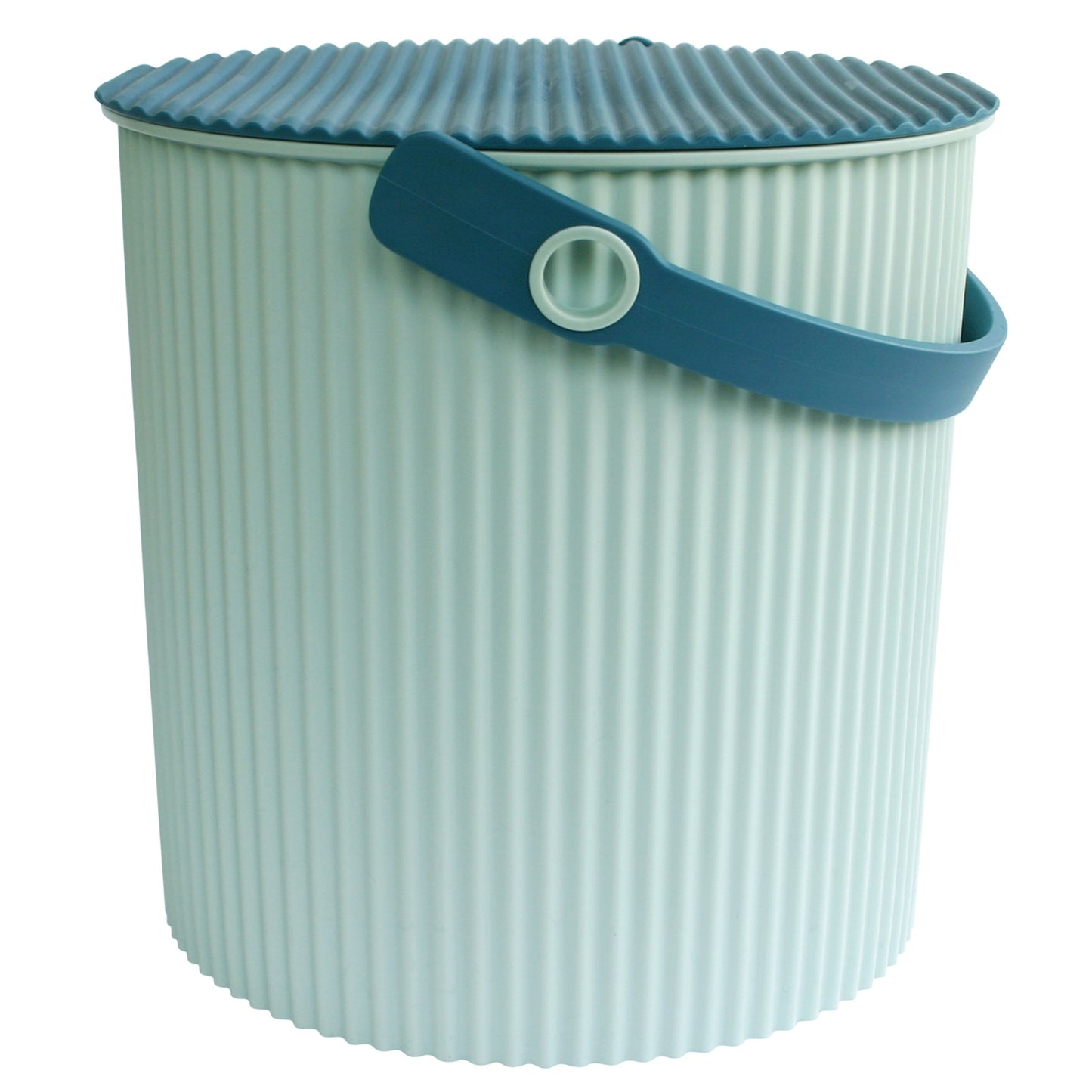 Light blue laundry basket with a ribbed texture and blue handle on a white background