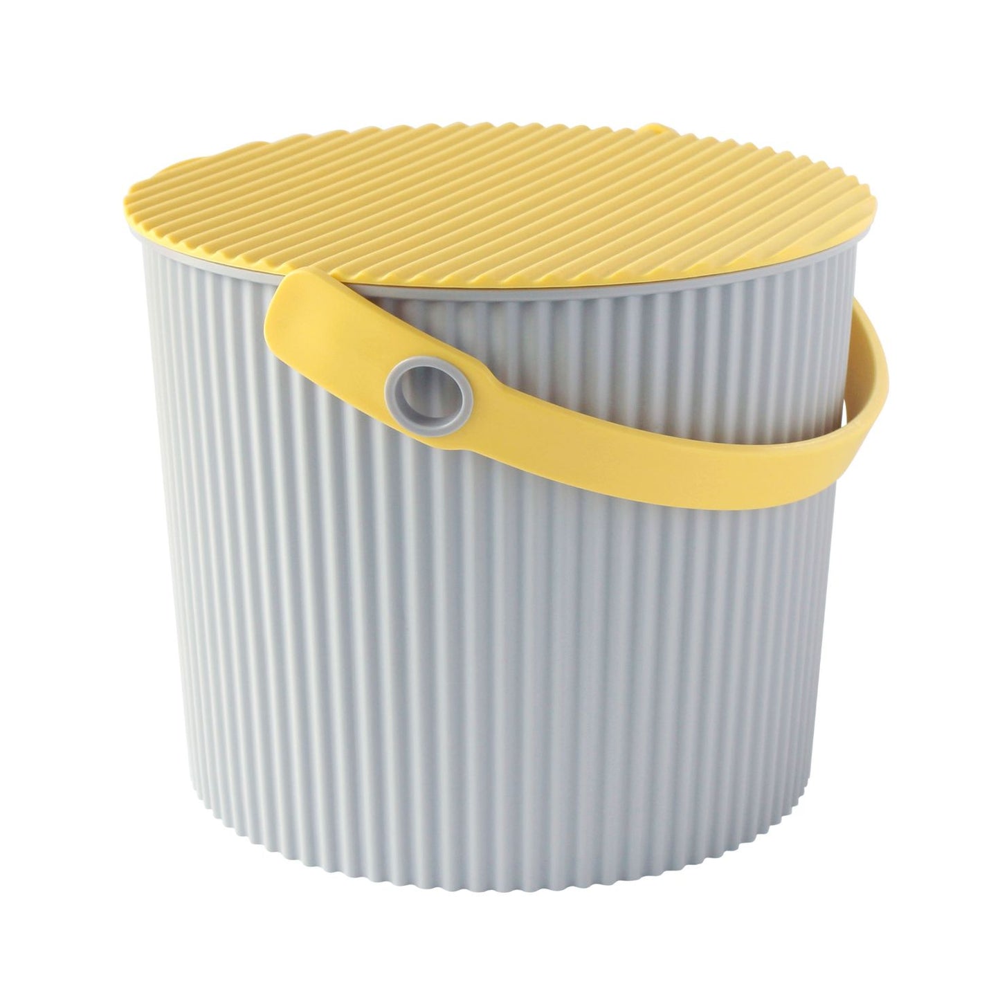 Gray laundry basket with a yellow lid and handle on a white background