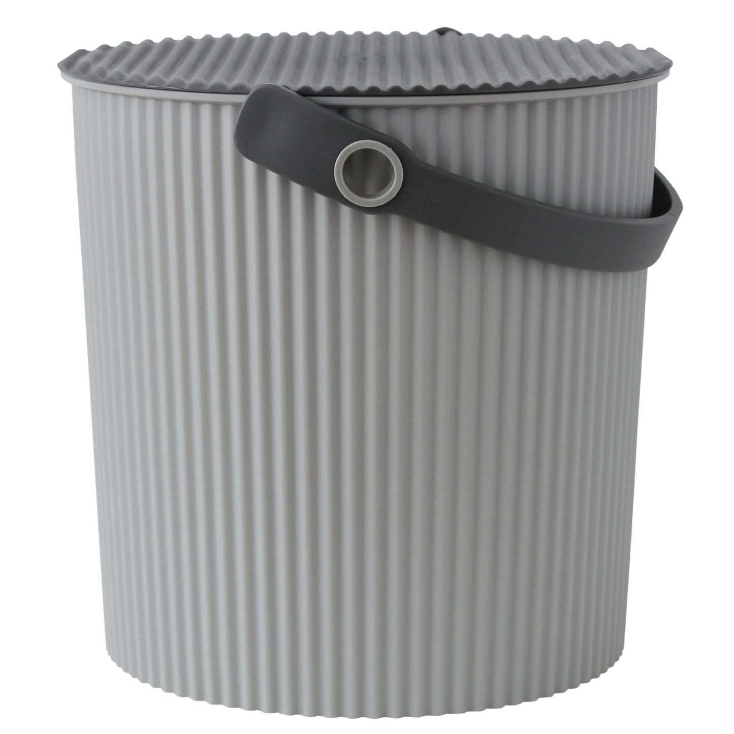 Gray ribbed laundry basket with a black handle on a white background