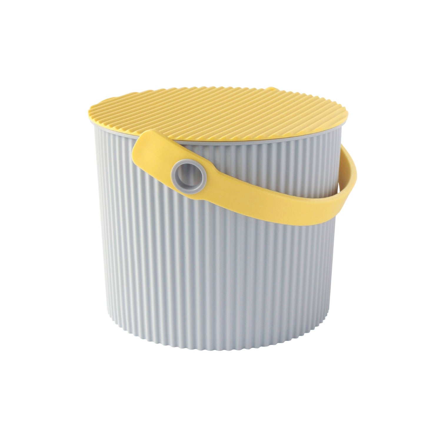 Gray bucket with a yellow lid and handle on a white background
