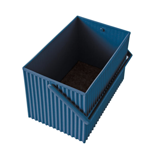 Blue plastic crate with handles on a white background