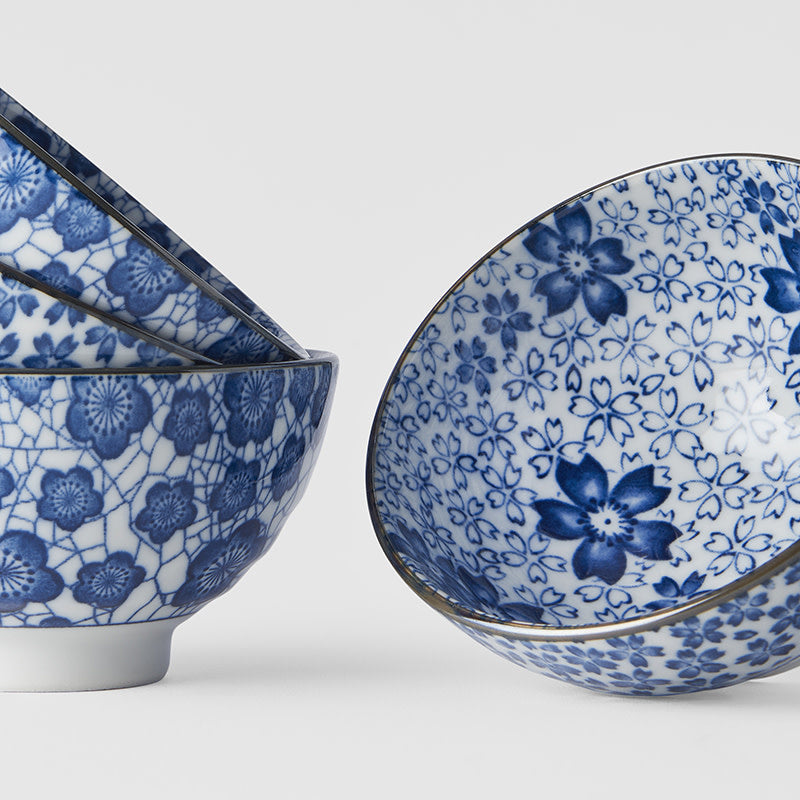 Blue plum & cherry blossom 4 piece boxed bowl set 12cm