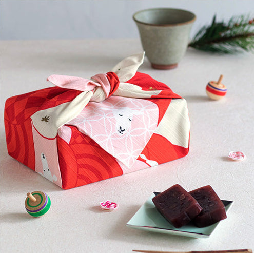 Furoshiki Organic Cotton - Musubi Sheep, Red Fuji & Seigaiha 50cm