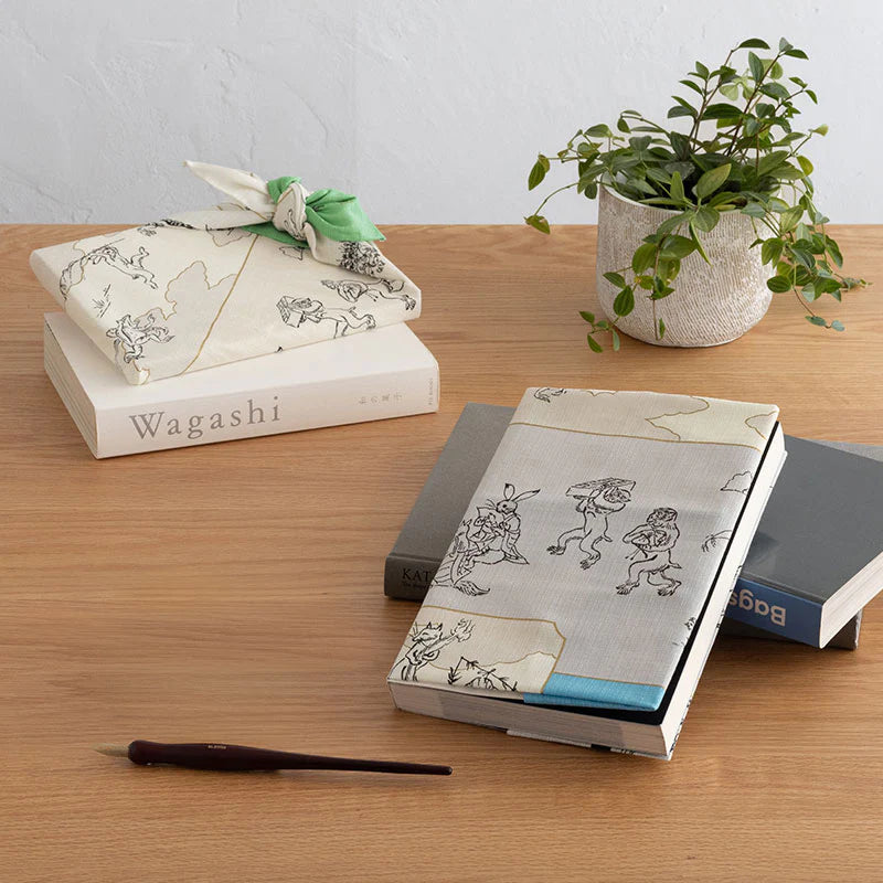 Furoshiki Organic Cotton - Scrolls of Frolicking Animals Blue Yellow 50cm