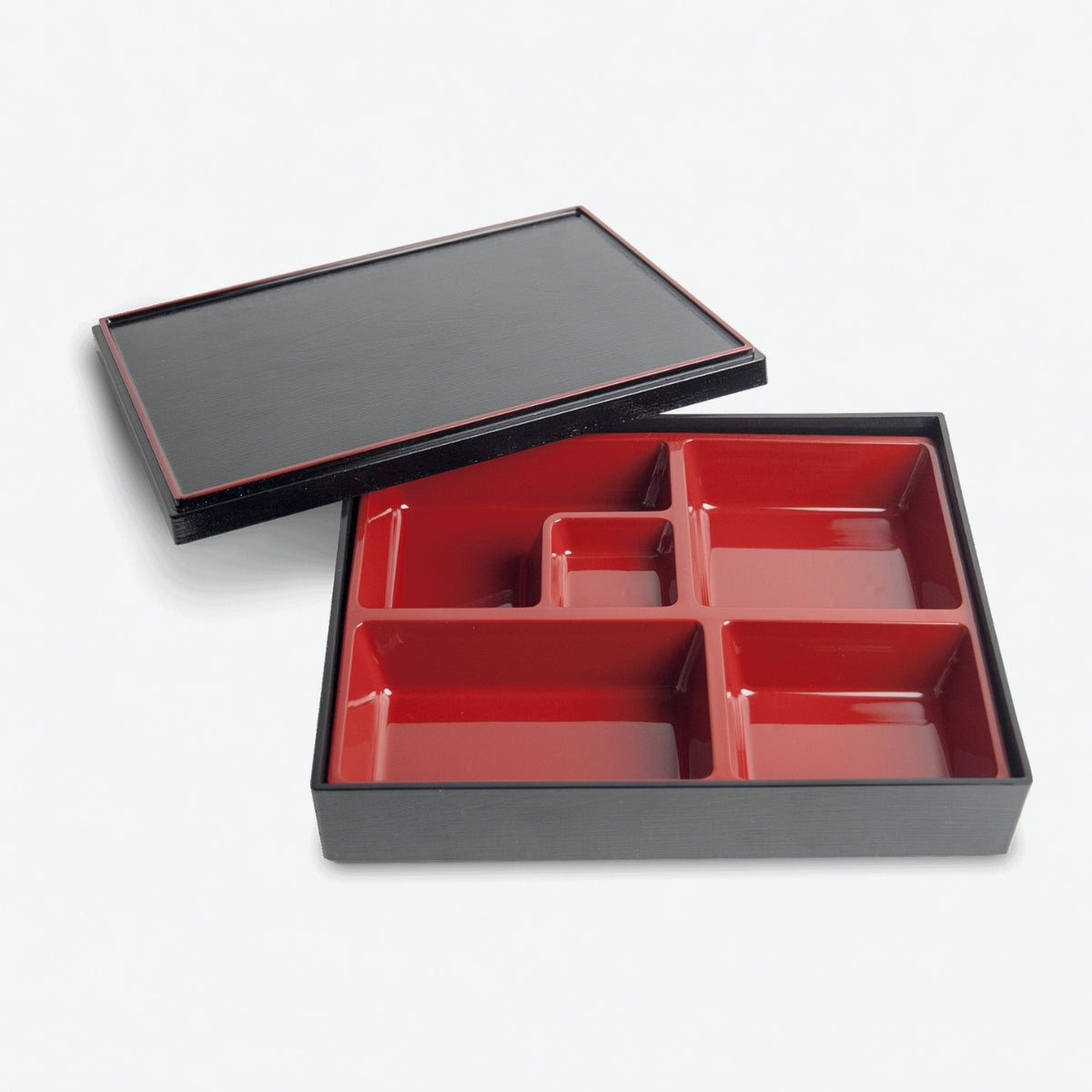 A black lacquered compartment box with a glossy red interior, shown open with the lid leaning against it on a clean white background.