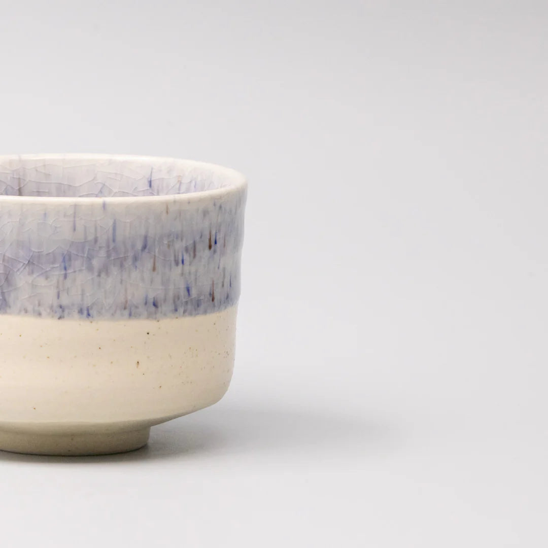 Ceramic bowl with blue and white speckled pattern on a light gray background