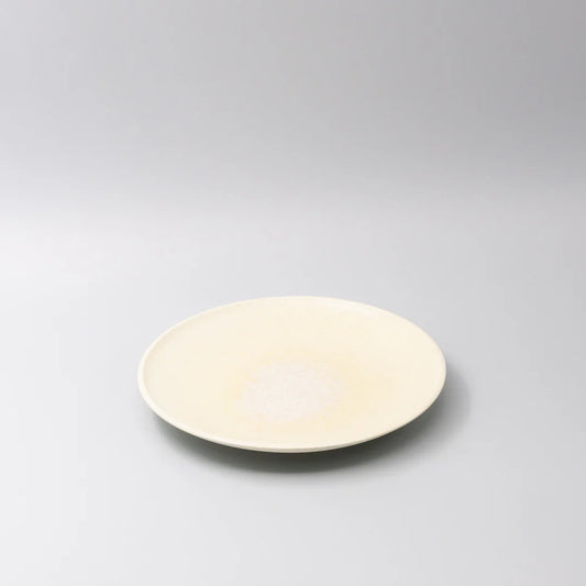 Round beige plate on a light gray background