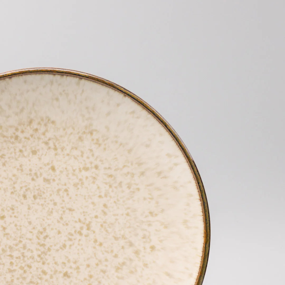 Close-up of a ceramic plate with a textured surface on a light gray background