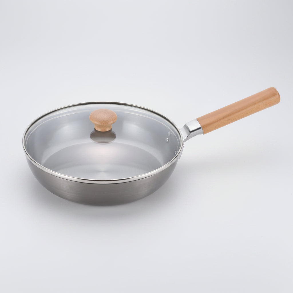 Chitose Wooden-Handled Iron Frying Pan with Glass Lid 24cm