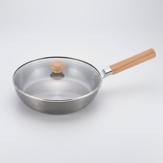Chitose Wooden-Handled Iron Frying Pan with Glass Lid 24cm