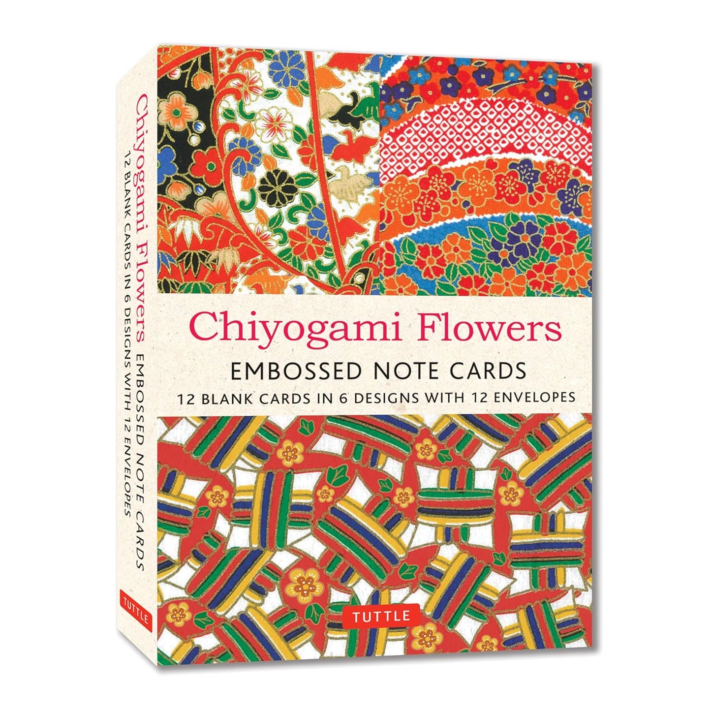Box of Chiyogami Flowers embossed note cards with colorful floral patterns on a white background.