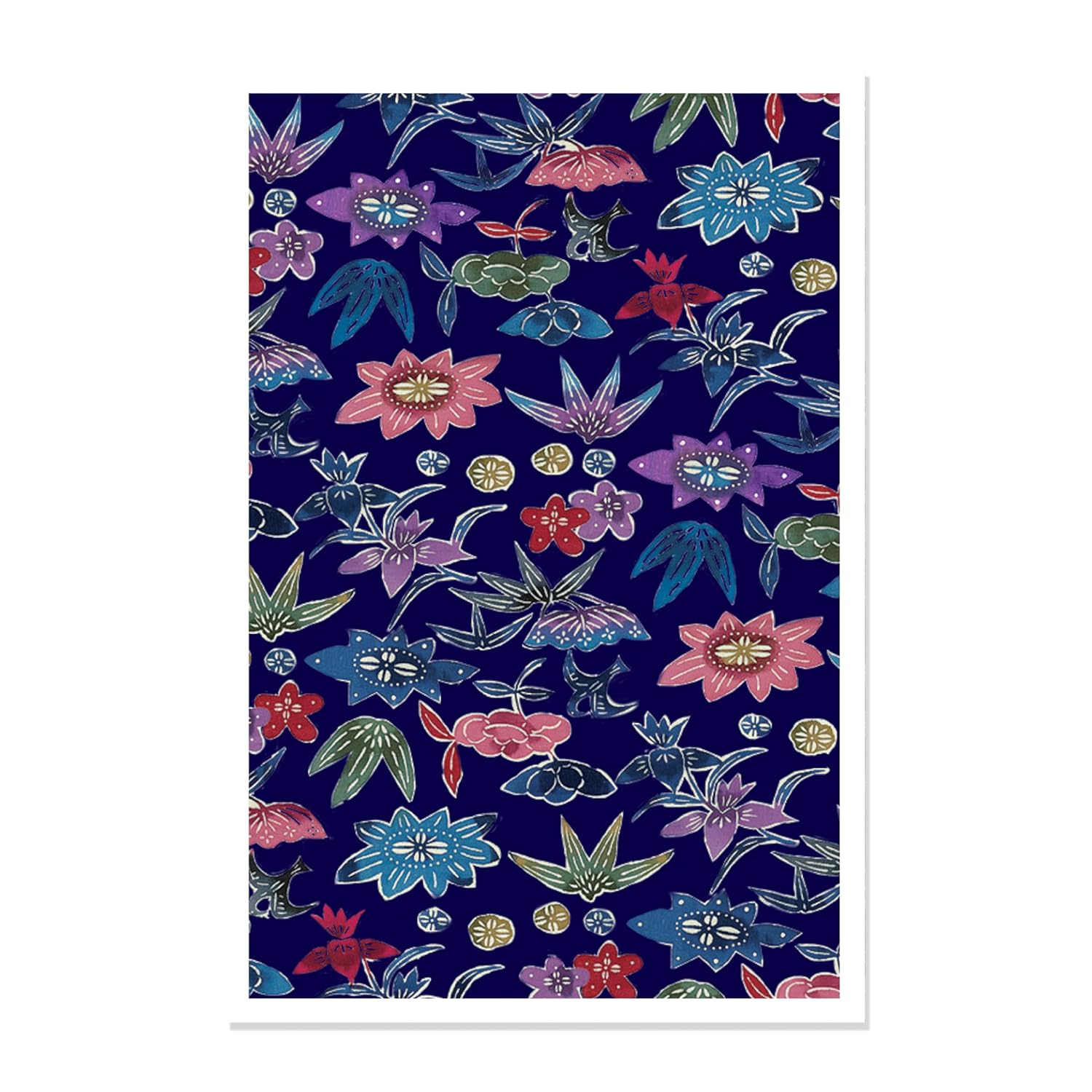 Notebook with colorful floral and insect pattern on a dark blue background