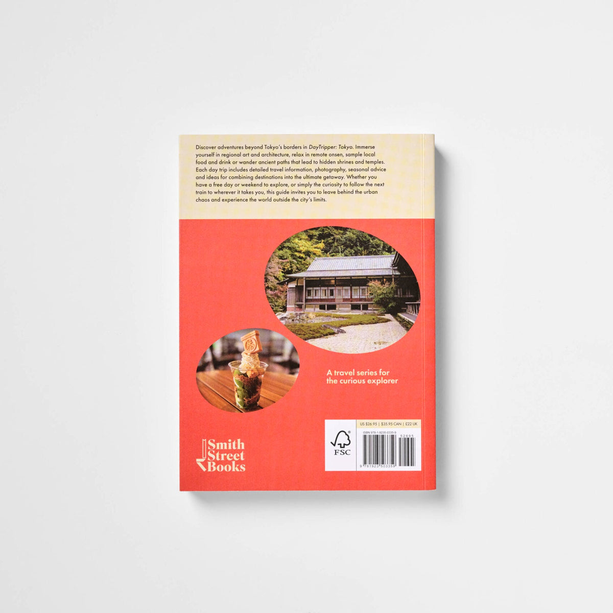 The back cover of a book by Smith Street Books, featuring a coral red lower half with two circular images and a beige upper half with descriptive text, shown on a light gray background.