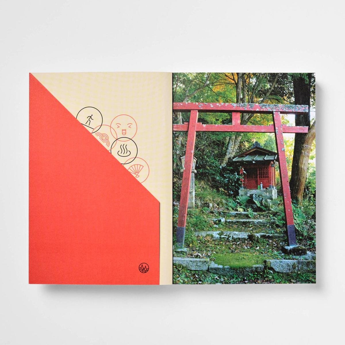 A square art print or book cover displayed on a light gray background. The left half features a bold diagonal split of bright red and warm beige with faint circular calligraphic markings.