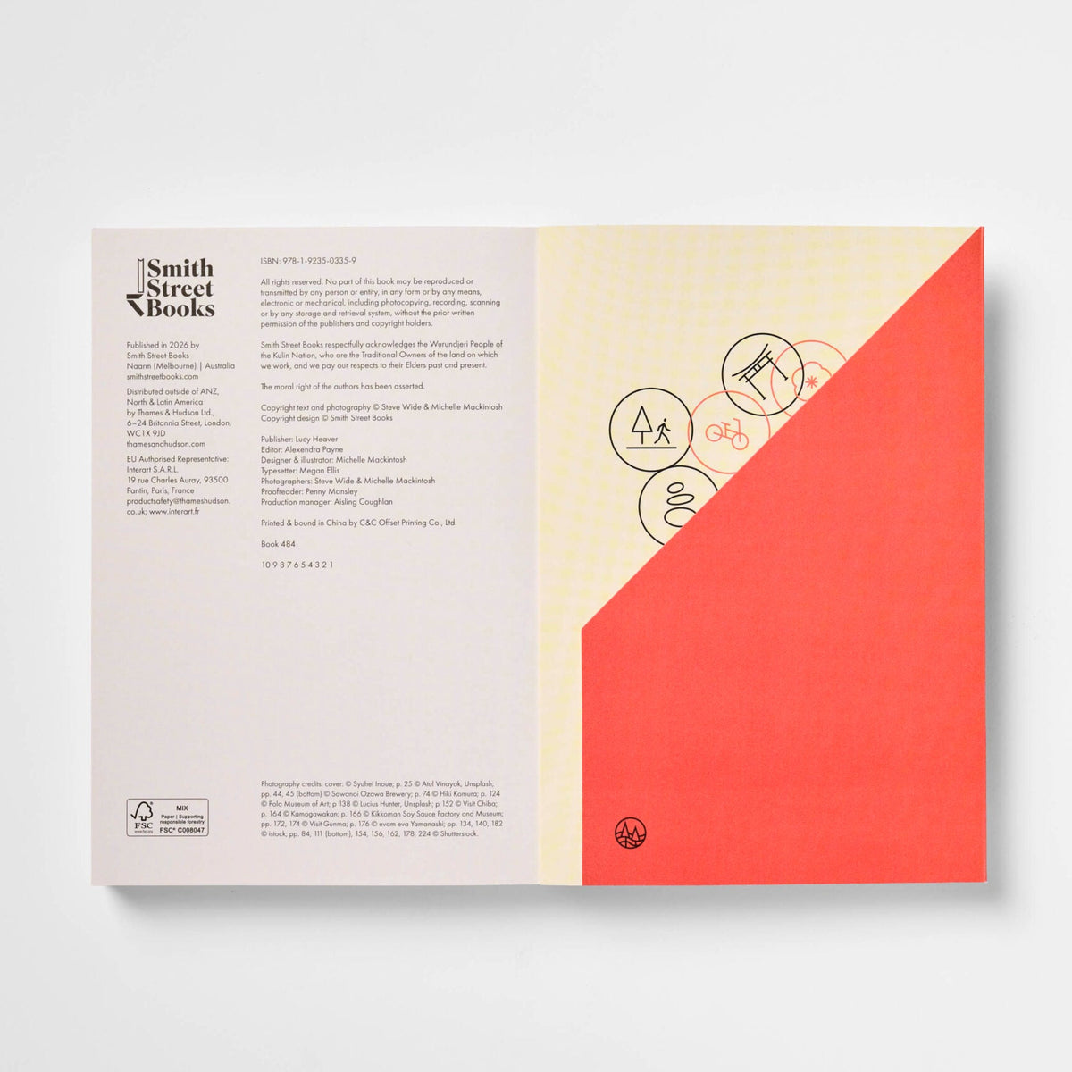 An open booklet or book spread laid flat on a light gray background. The left page is off-white with black text and a logo reading 'Smith Street Books.