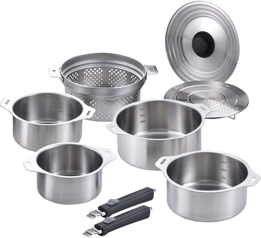 Enzo Stainless Steel Detachable Handle Cookware Set with Steaming Rack & Basket