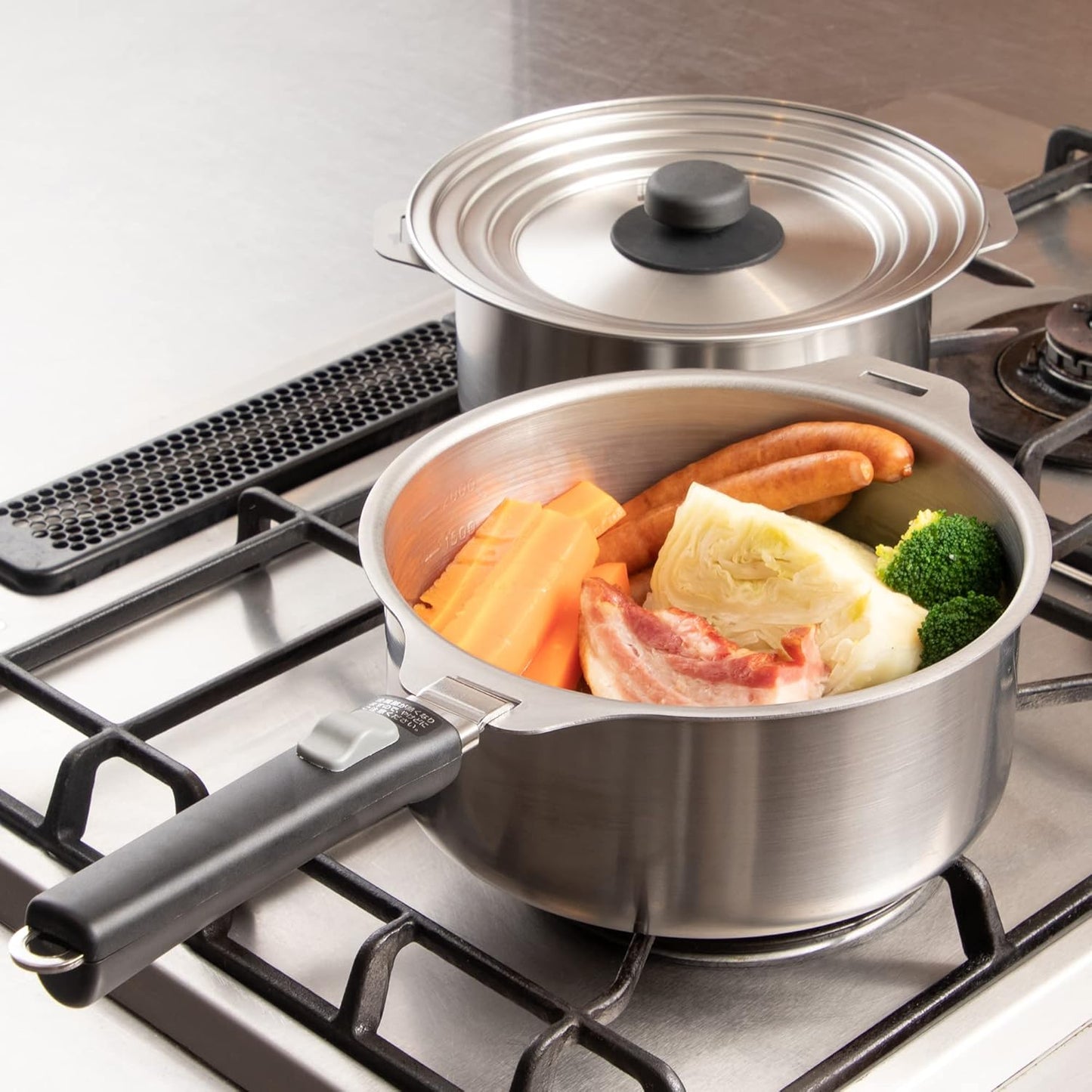 Enzo Stainless Steel Detachable Handle Cookware Set with Steaming Rack & Basket