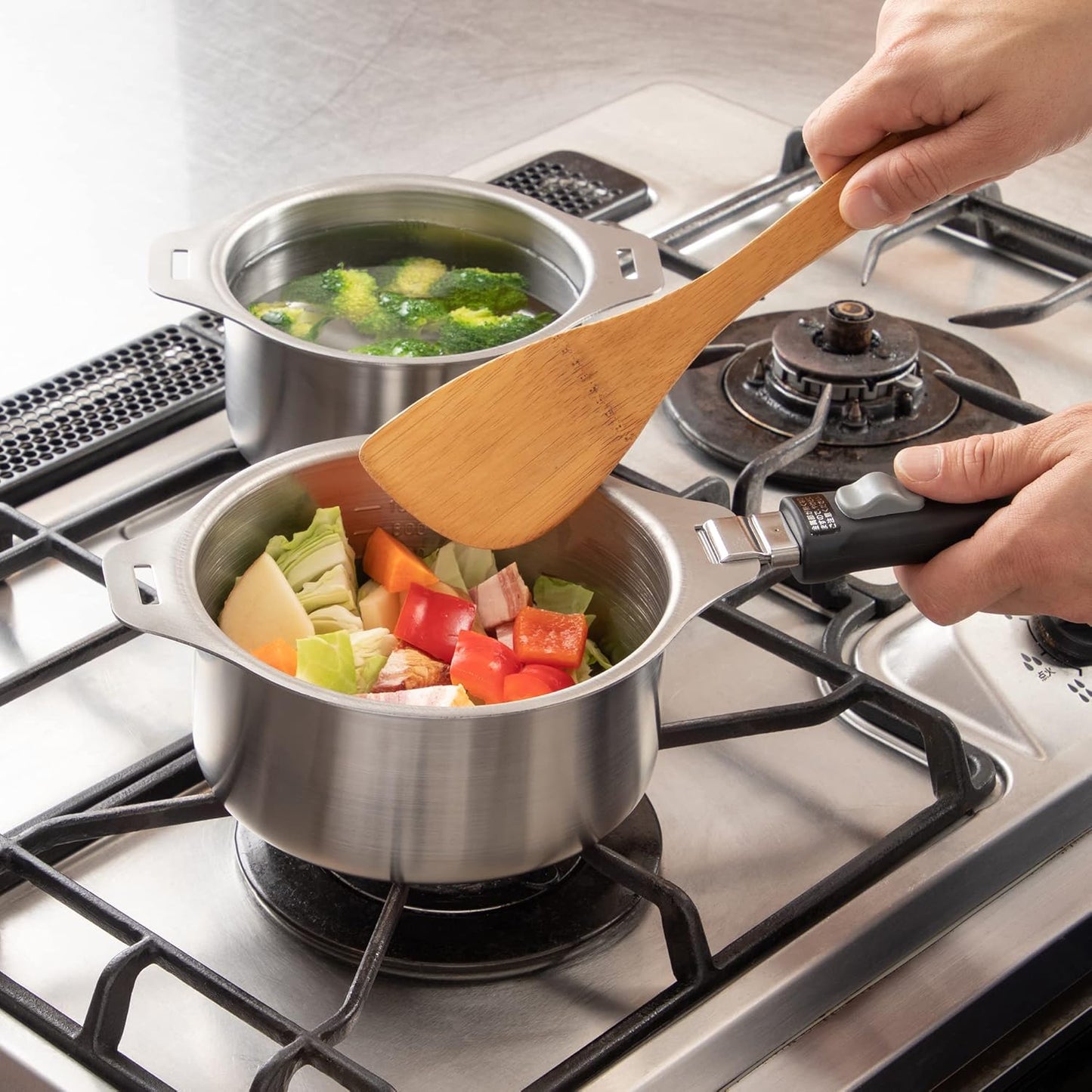 Enzo Stainless Steel Detachable Handle Cookware Set with Steaming Rack & Basket