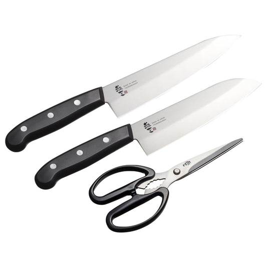 Enzo Stainless Steel Santoku, Gyuto Knife & Kitchen Scissors Set
