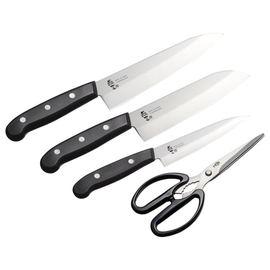 Enzo Stainless Steel Santoku, Gyuto, Petty Knife & Kitchen Scissors Set