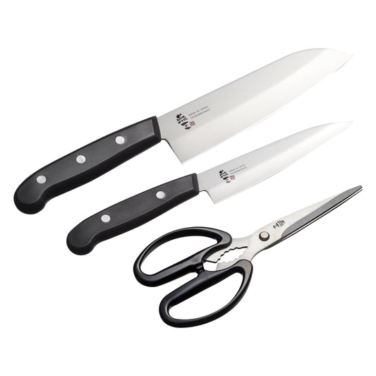 Enzo Stainless Steel Santoku, Petty Knife & Kitchen Scissors Set