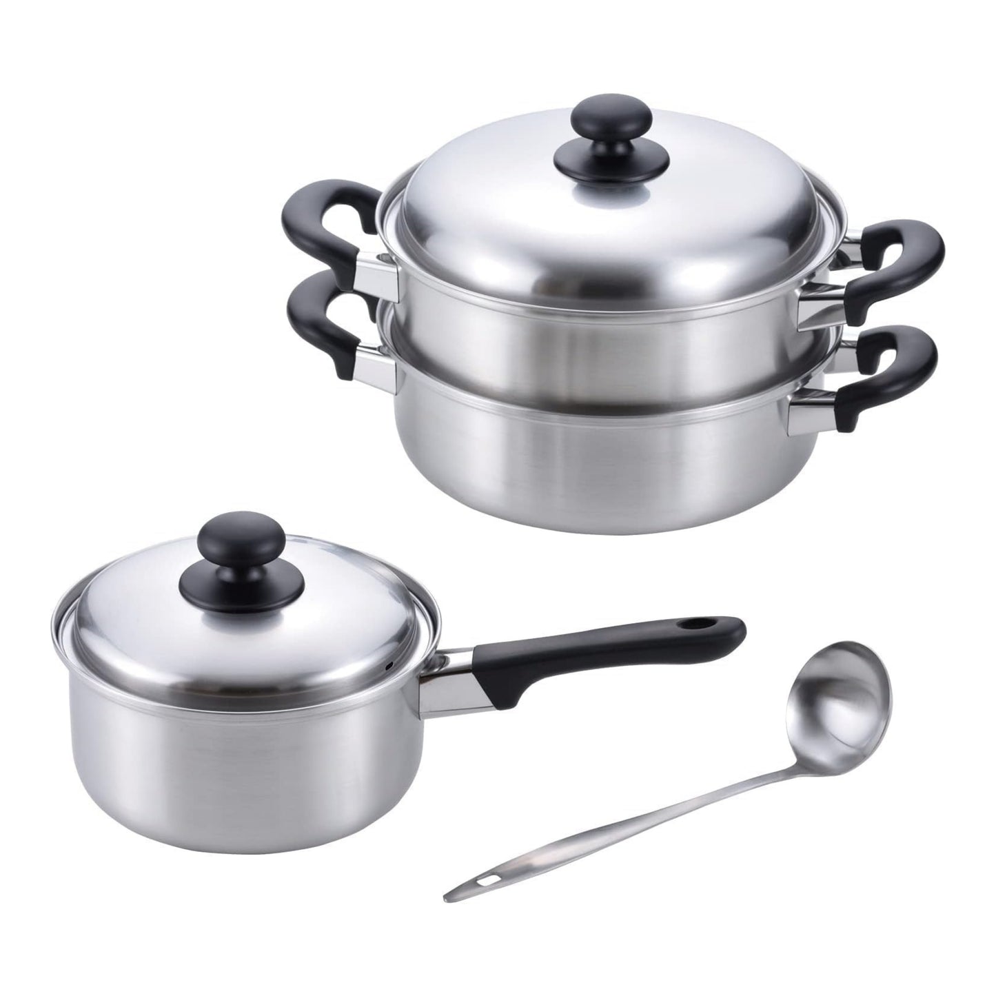 Enzo Classic Stainless Steel Saucepan & Two-Tier Steamer Set with Ladle