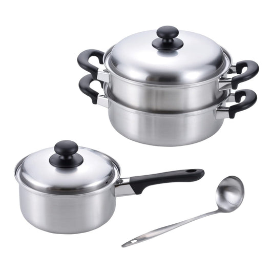 Enzo Classic Stainless Steel Saucepan & Two-Tier Steamer Set with Ladle