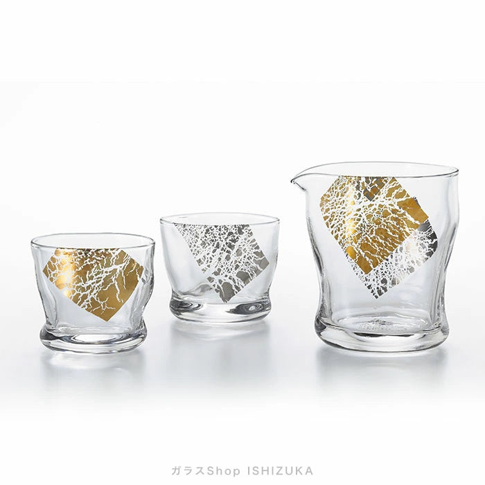 Fluid Kinrarin Gold Glass Sake Set - Carafe & 2 Cups Gift Boxed