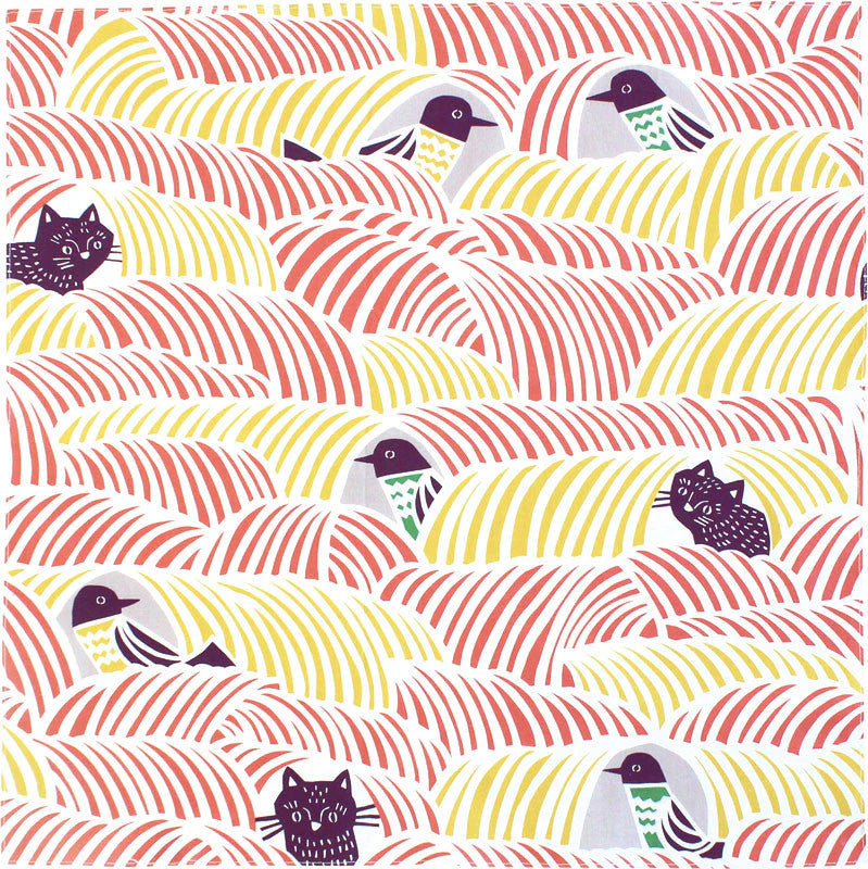 Furoshiki Organic Cotton - Kata Kata Musubi Cats & Birds Pink 70cm