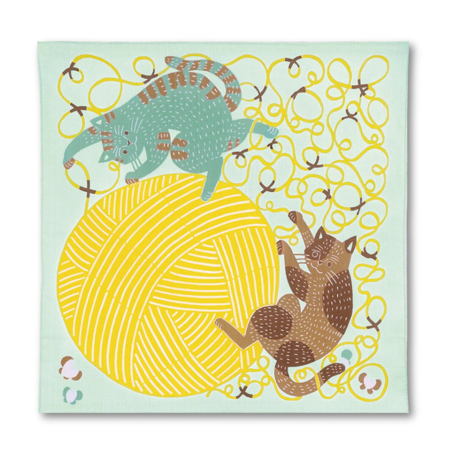 Furoshiki Organic Cotton - Kata Kata Musubi Cat & Yarn Light Green 50cm