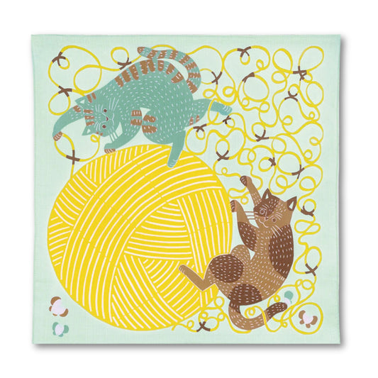 Furoshiki Organic Cotton - Kata Kata Musubi Cat & Yarn Light Green 50cm