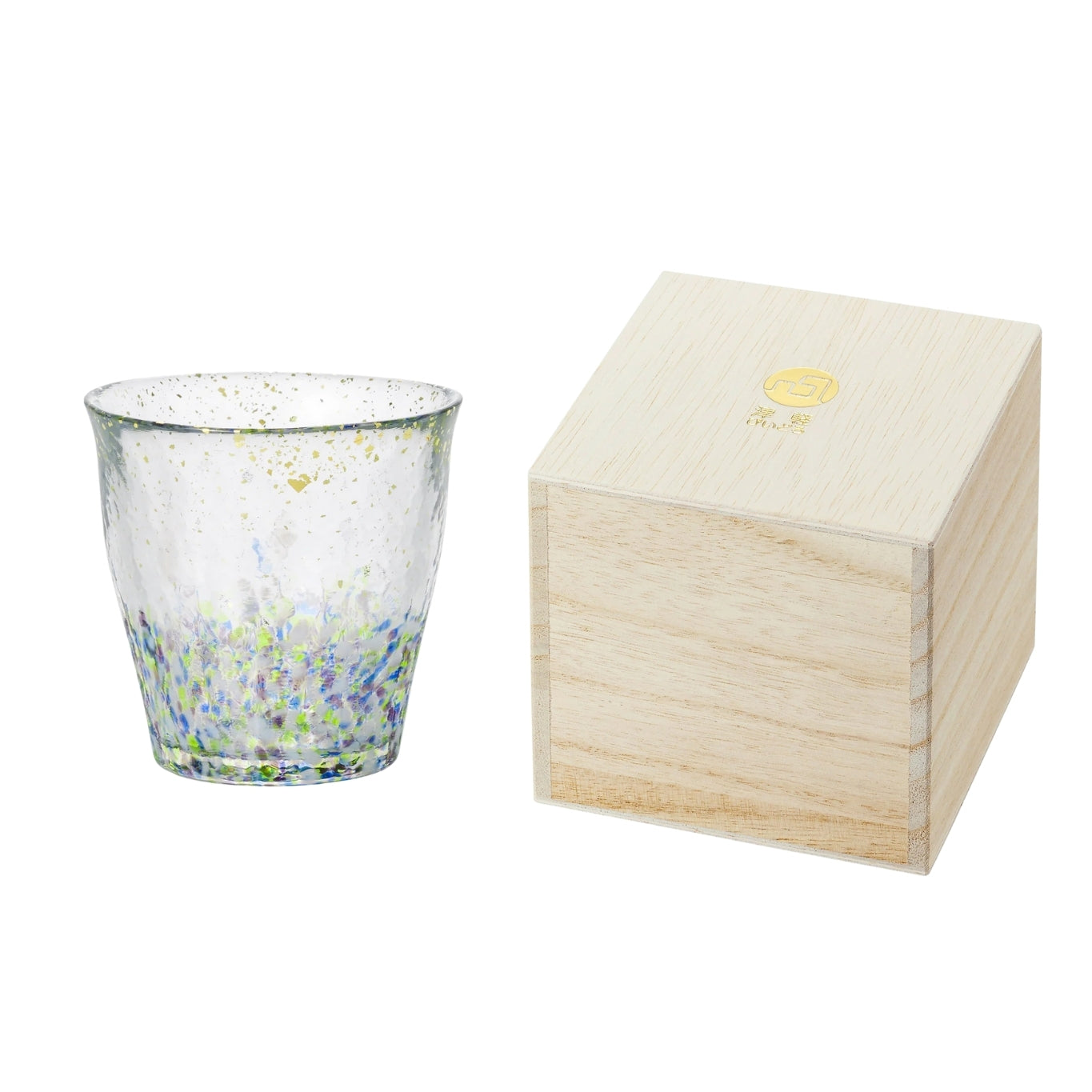 Gold Rim Rock Glass Wooden Gift Boxed - Blue & White Drops