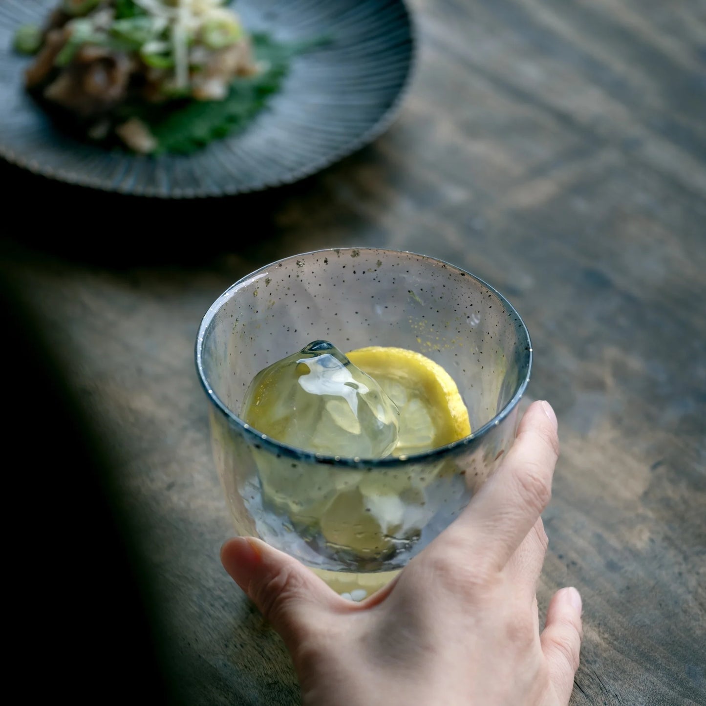 Gold Rim Rock Glass Wooden Gift Boxed - Blue & White Drops