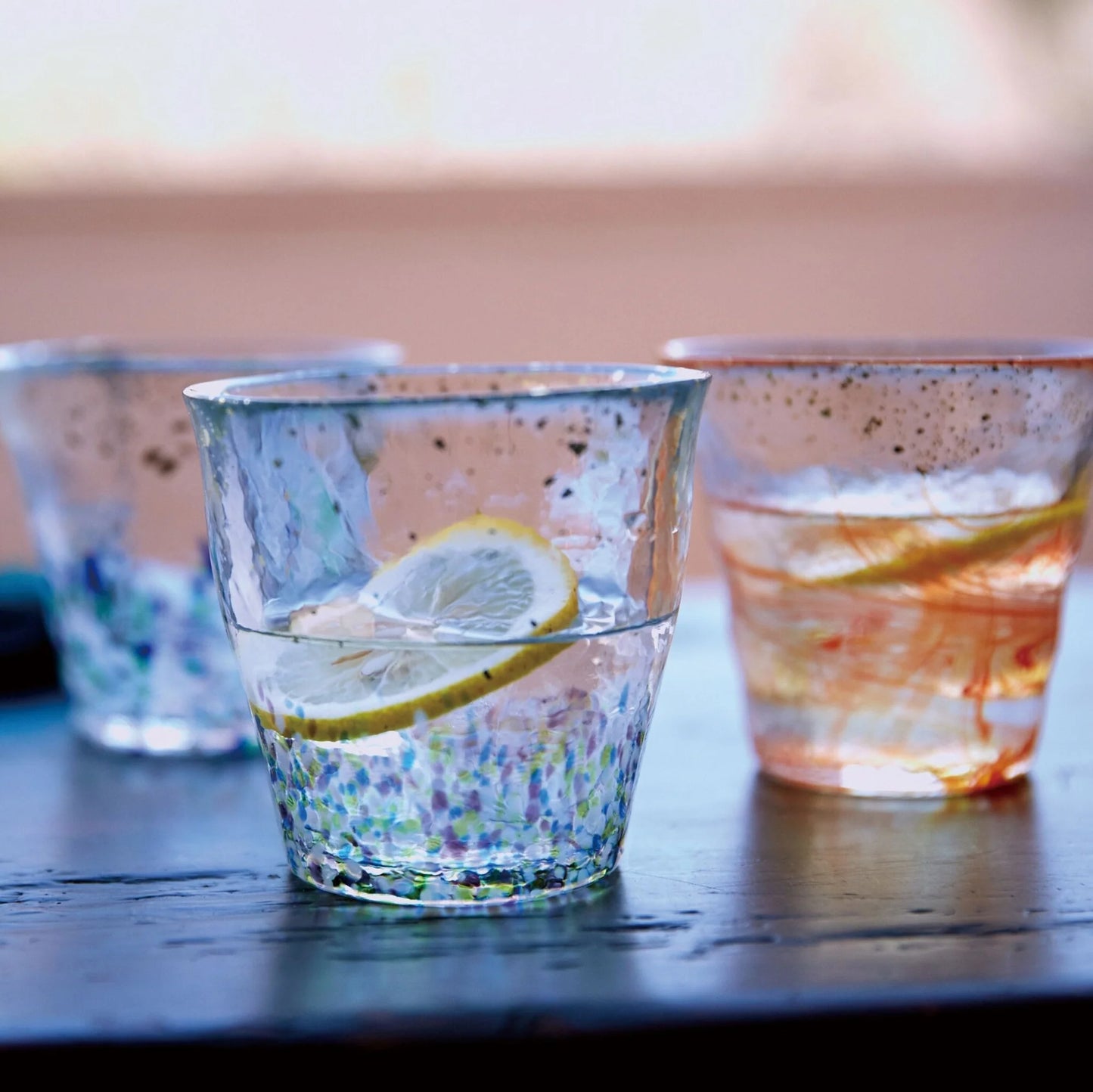 Gold Rim Rock Glass Wooden Gift Boxed - Blue & White Drops