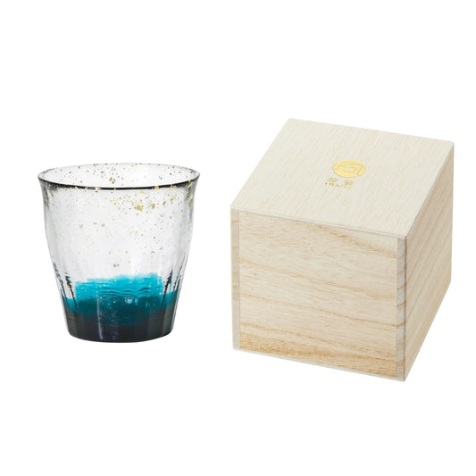 Gold Rim Rock Glass Wooden Gift Boxed - Deep Blue & Clear