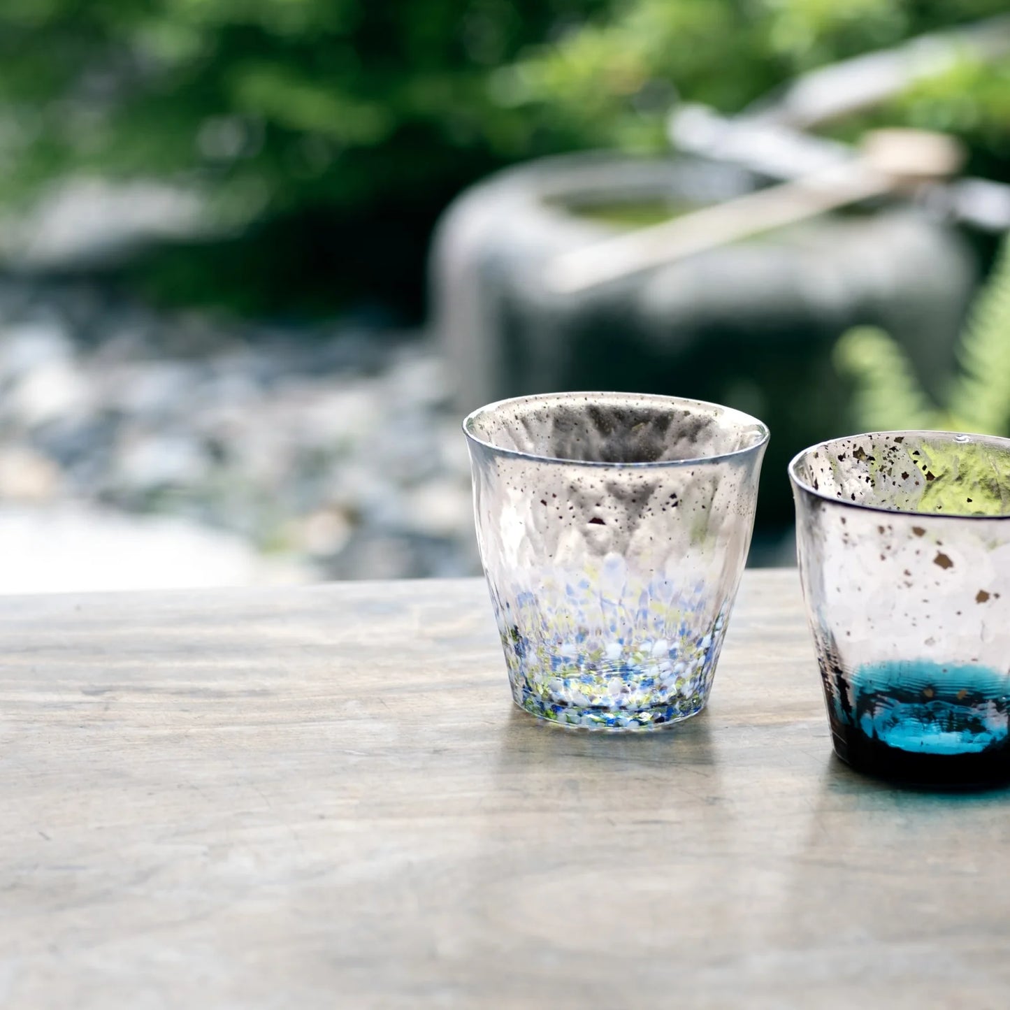 Gold Rim Rock Glass Wooden Gift Boxed - Deep Blue & Clear