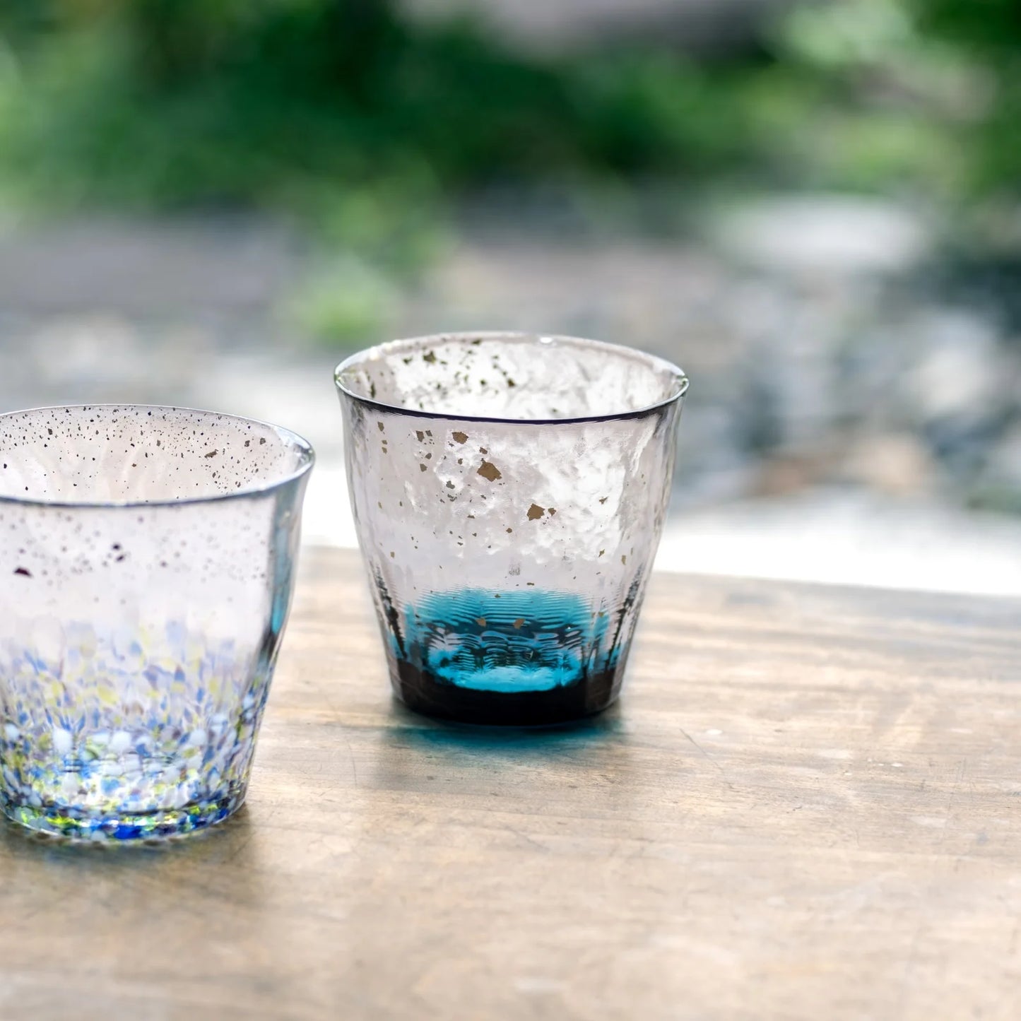 Gold Rim Rock Glass Wooden Gift Boxed - Deep Blue & Clear