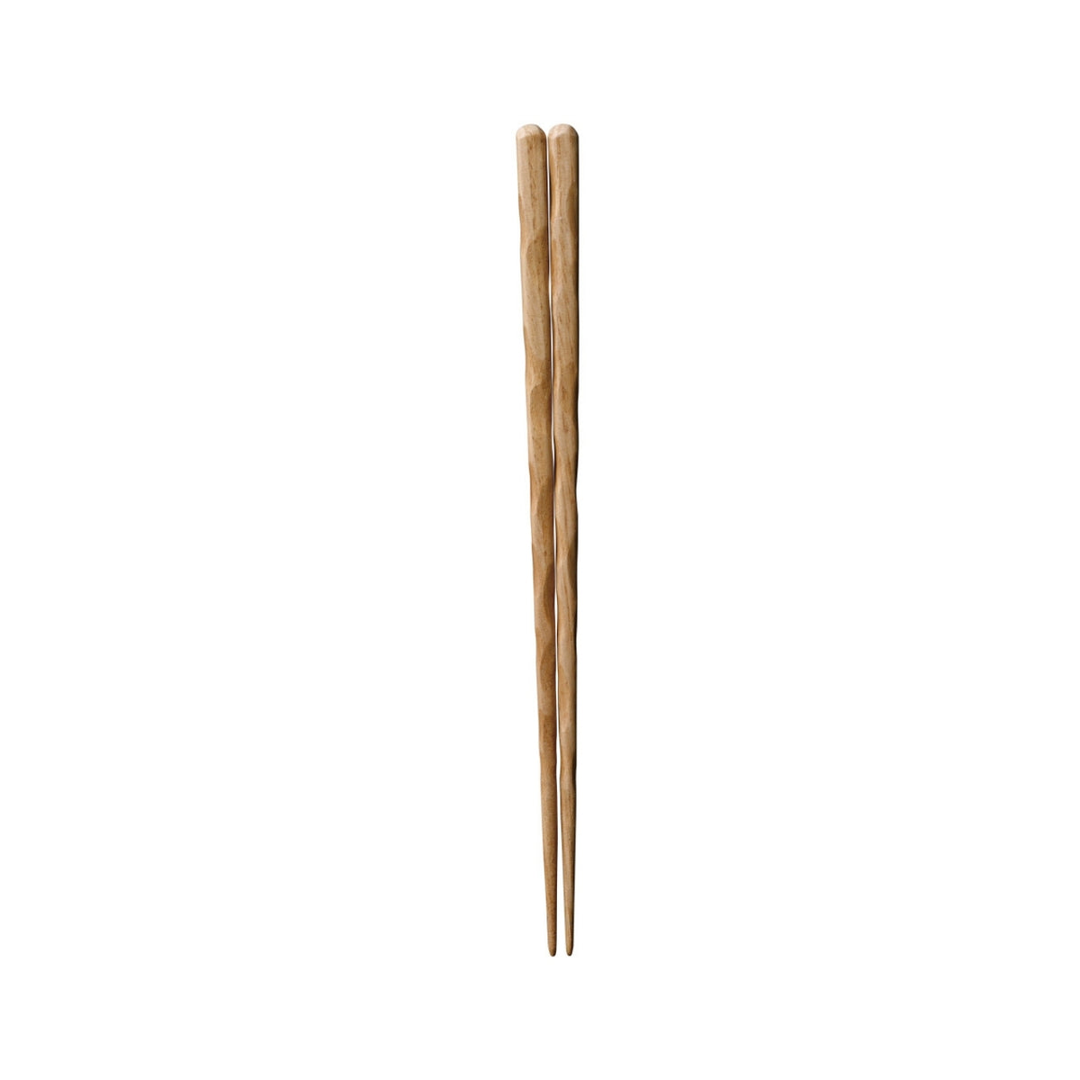 A pair of light brown wooden chopsticks standing vertically on a plain white background.
