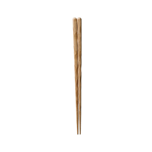 A pair of light brown wooden chopsticks standing vertically on a plain white background.