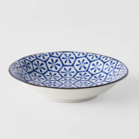 Indigo Hexagon Flower Ikat Shallow Open Bowl 20.5cm