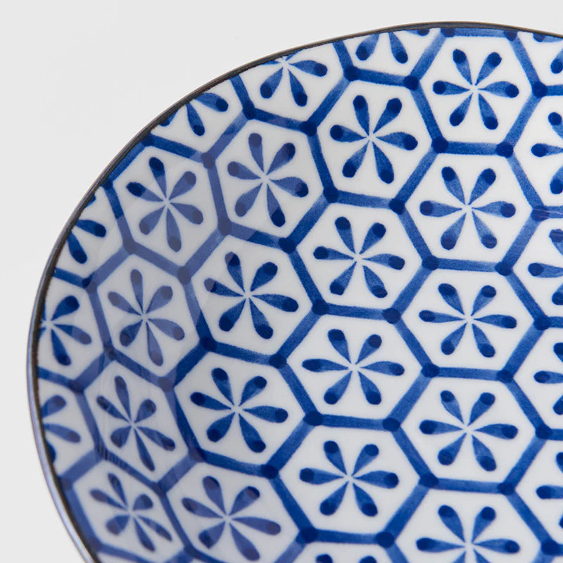 Indigo Hexagon Flower Ikat Shallow Open Bowl 20.5cm