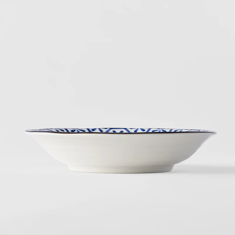 Indigo Hexagon Flower Ikat Shallow Open Bowl 20.5cm