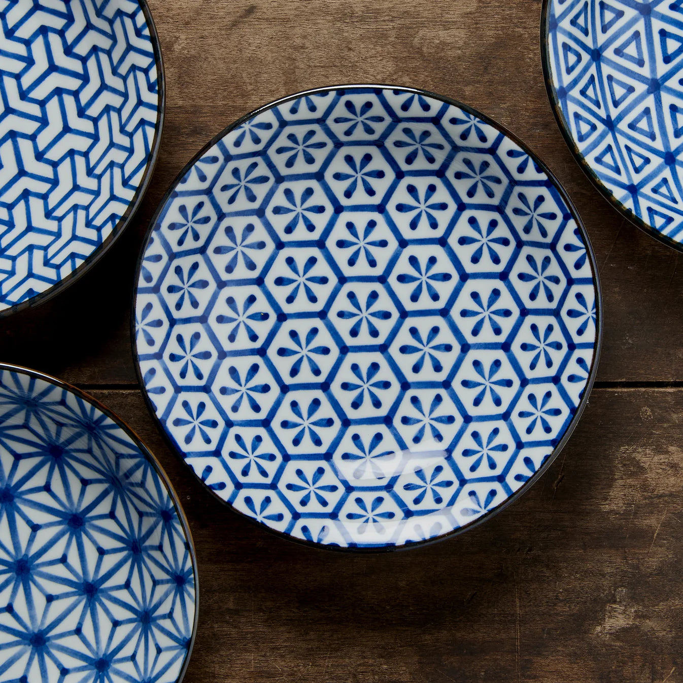 Indigo Hexagon Flower Ikat Shallow Open Bowl 20.5cm