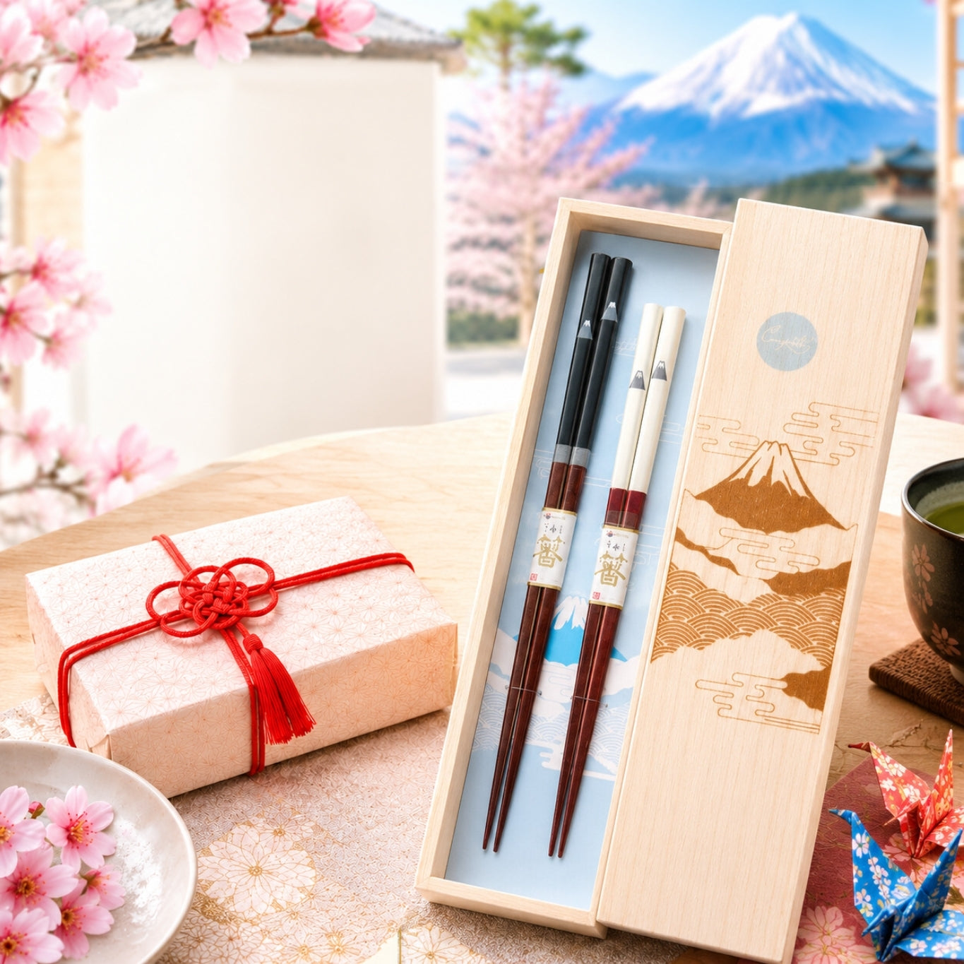 Japanese Mt. Fuji Chopstick Gift Set with Paulownia Wood Box