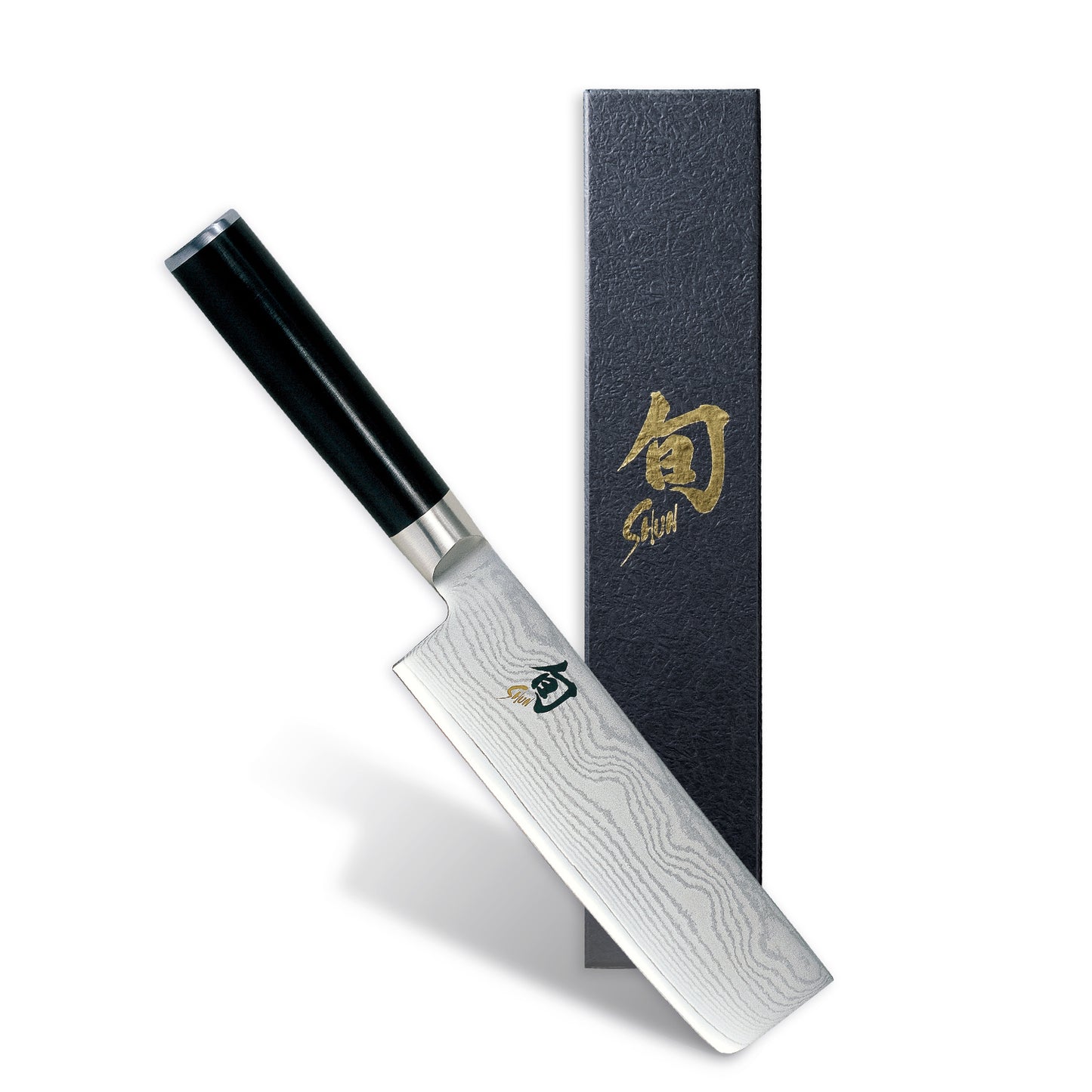 Japanese knife with a black handle and silver blade, displayed next to its sheath on a white background.