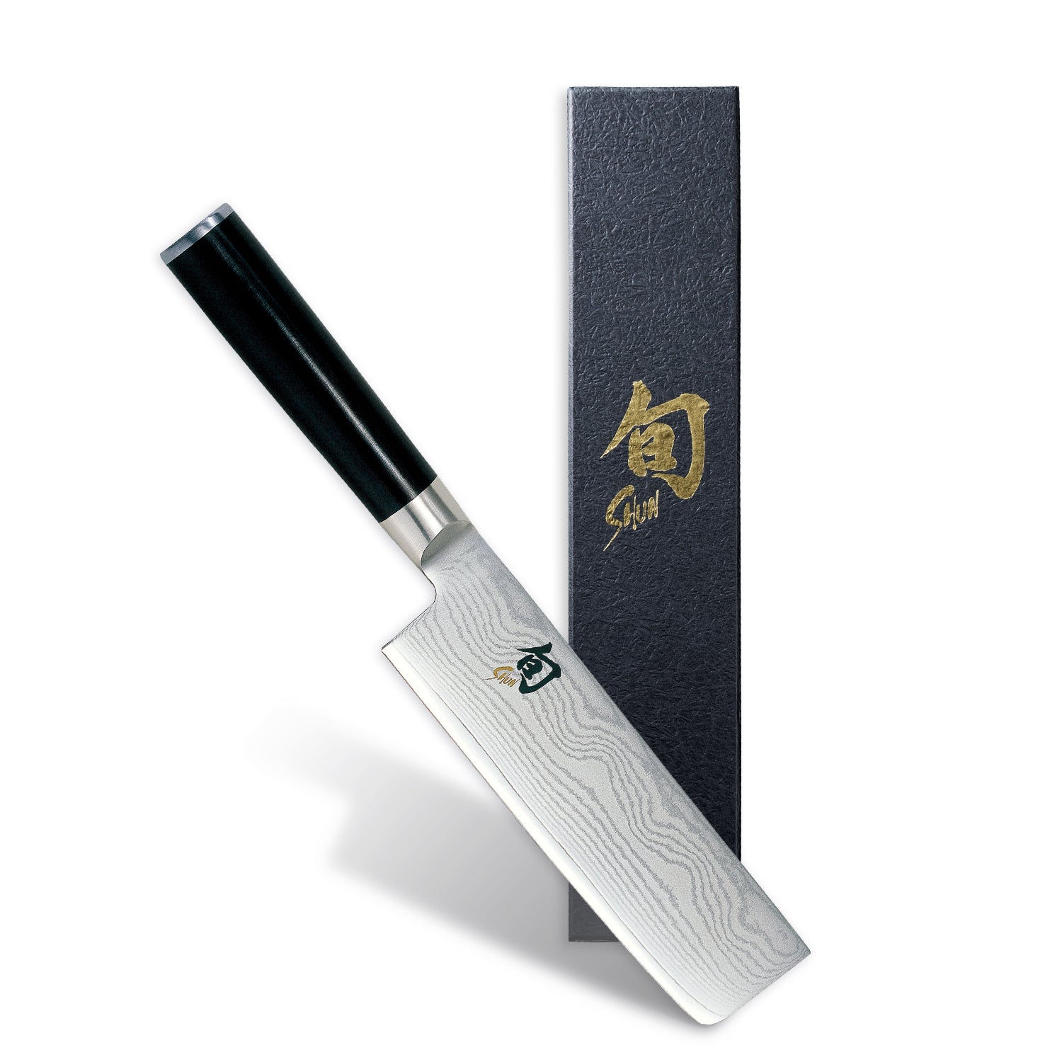 Japanese knife with a black handle and silver blade, displayed next to its sheath on a white background.